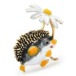 Hedgehog holding flower - crystal brooch