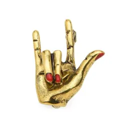Punk hand gesture - red nail polish - brooch