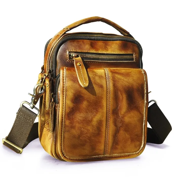 Leather shoulder bag / satchel - with strap / front pocket