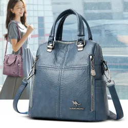 Leather shoulder bag - with multi zippers / hand strap