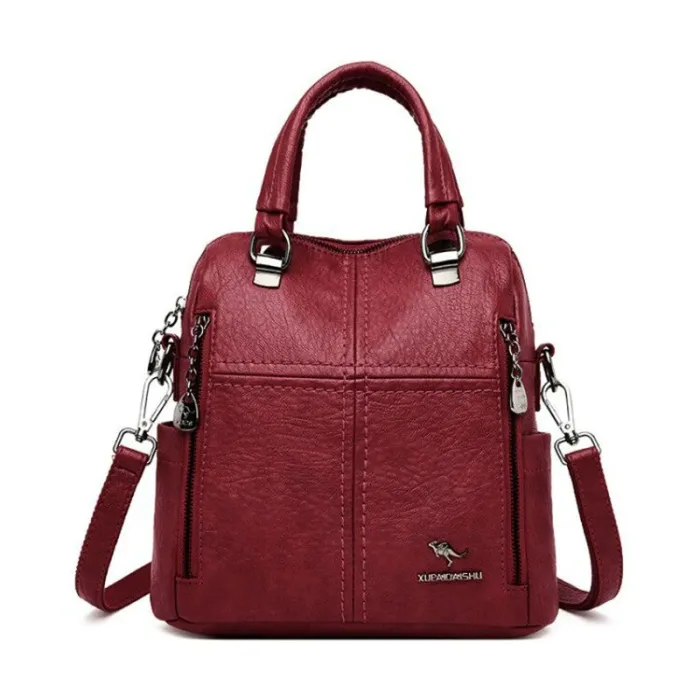 Leather shoulder bag - with multi zippers / hand strap