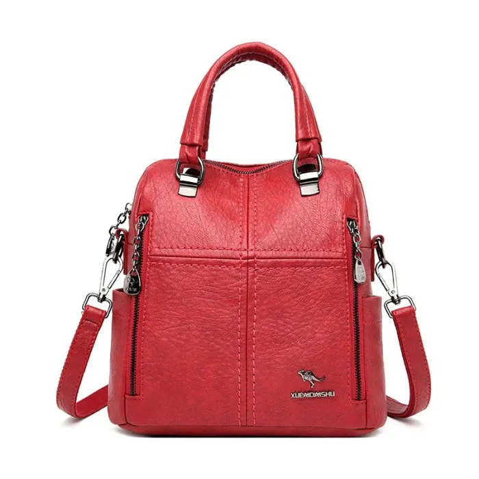 Leather shoulder bag - with multi zippers / hand strap