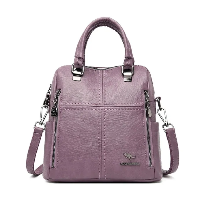 Leather shoulder bag - with multi zippers / hand strap