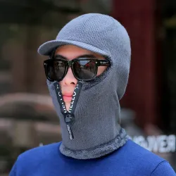 Winter knitted hat with zipper - balaclava cap