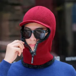 Winter knitted hat with zipper - balaclava cap