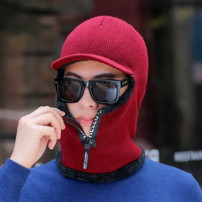 Winter knitted hat with zipper - balaclava cap