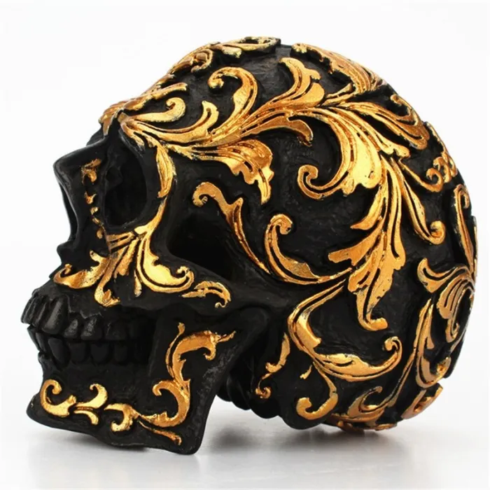 Black skull head - with golden carvings - resin statueHalloween & Party