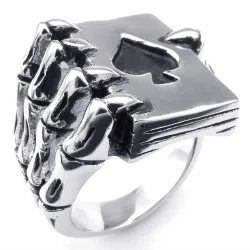 Vintage ring - stainless steel - skull claw holding deck of cardsRings