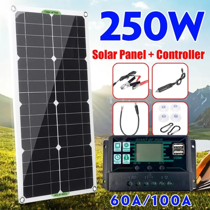 Solar panel kit - battery charger - dual USB - 250W - with controller - for car / yacht / SmartphonesSolar panels