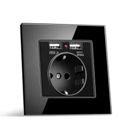 EU plug - power socket with dual USB charging ports - glass panelLighting fittings