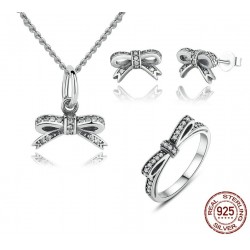 Crystal bow knot - jewellery set - necklace / earrings / ring - 925 sterling silverNecklaces