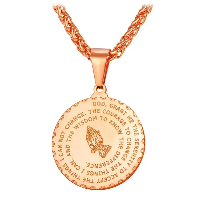 Medallion and chain - praying hands - gold in color - unisex - gift