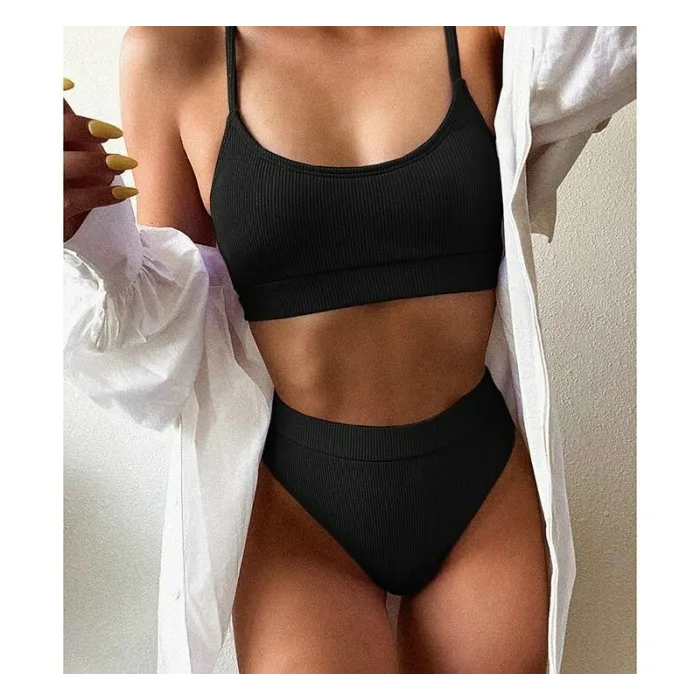 Ensemble bikini côtelé sexy - taille haute