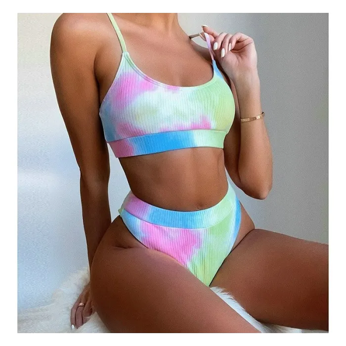 Ensemble bikini côtelé sexy - taille haute
