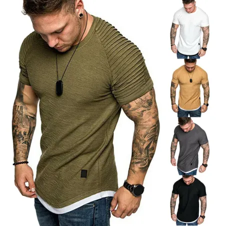 Wrinkled slim fit shirt / tee shirt - men - with o-neck collar