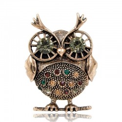 Retro big eyes owl - brooch with crystal decorations