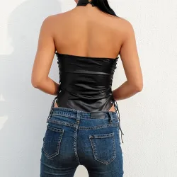 Sexy leather halter top - backless - zig zag lace