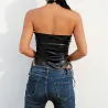 Sexy leather halter top - backless - zig zag lace