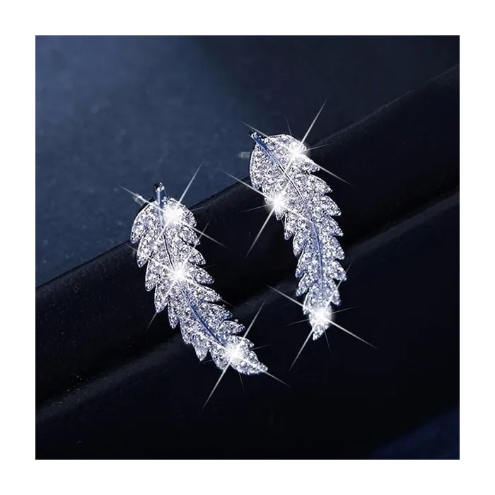 Silver feather shaped - stud earrings for women