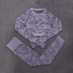 Seamless camouflage fitness set - o-neck - long sleeve shirt / leggings
