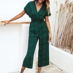 Lossky Women Jumpsuits Rompers Summer Casual Print V-neck Pocket Overalls Jumpsuit Short Sleeve Wide Leg Loose Jumpsuit
