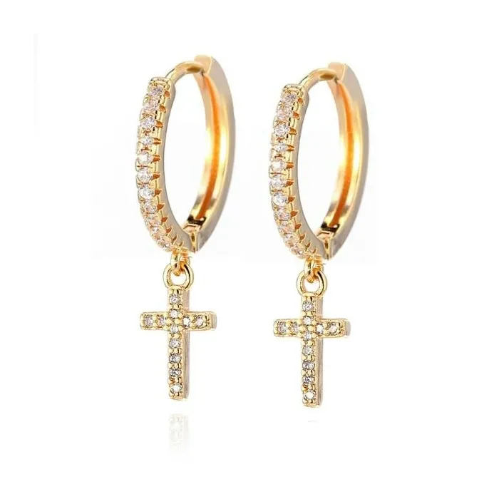 Crystal gold hoop earrings for women - with cross -  high quality - gift
