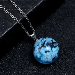Necklace with transparent resin ball - luminous - blue sky / clouds / birdsNecklaces