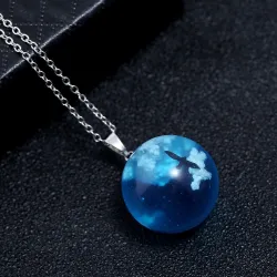 Necklace with transparent resin ball - luminous - blue sky / clouds / birdsNecklaces