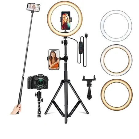 Anneau selfie LED - lampe à lumière d'appoint - avec trépied - pour maquillage / vidéo / photos - dimmable
