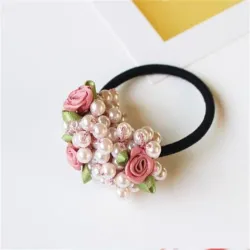 Elegant elastic hair band - with flowers / beaded pearlsHair clips