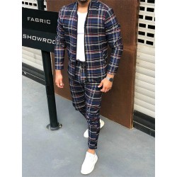 Trendy men's plaid set - cardigan with zipper / stand-up collar / long pants - slim fit