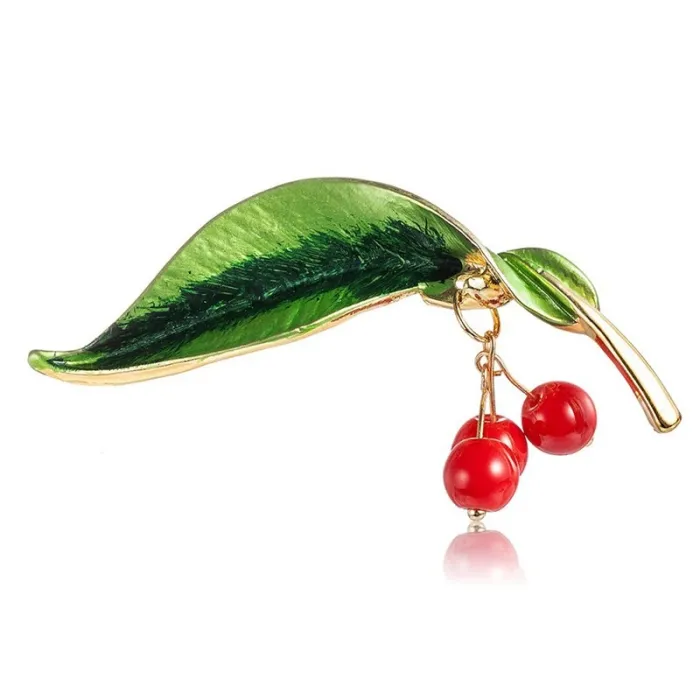 Green leaf / 3 cherries - elegant brooch