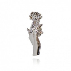 Silver brooch with a hand holding rose - pin