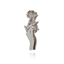 Silver brooch with a hand holding rose - pin