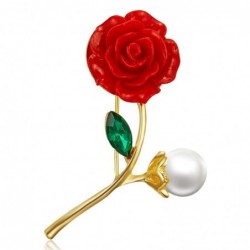 Red rose with pearl / crystal leaf - brooch