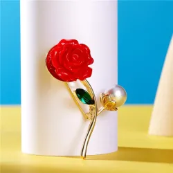 Red rose with pearl / crystal leaf - brooch