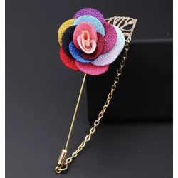 Fashionable brooch with rose / chain - long needle - unisex