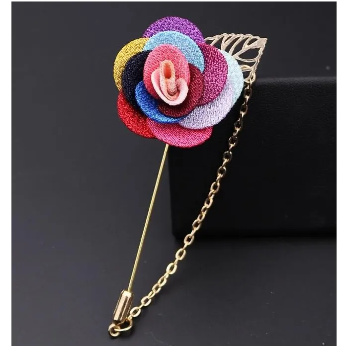 Fashionable brooch with rose / chain - long needle - unisex