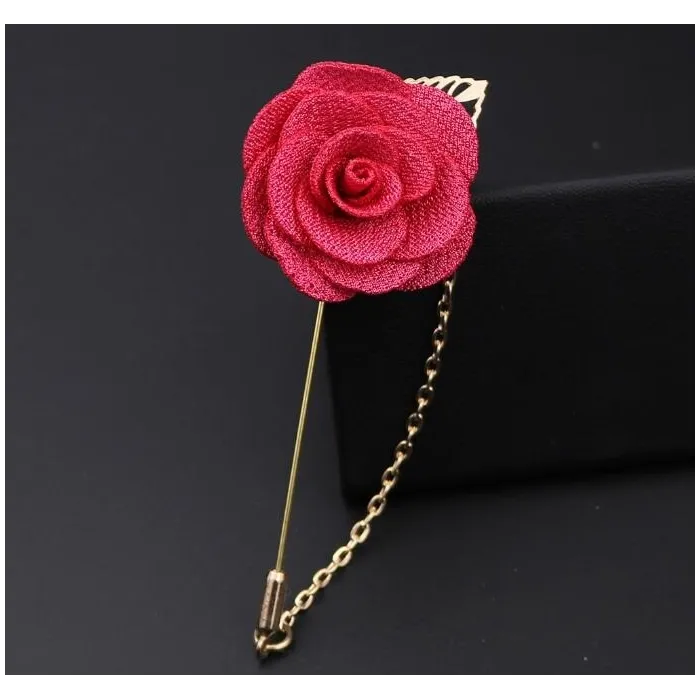 Fashionable brooch with rose / chain - long needle - unisex