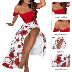 Sexy women's set - long skirt / off shoulder top - floral print