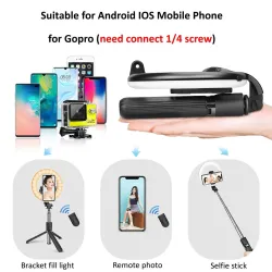 Perche à selfie 4 en 1 - Anneau lumineux à LED - sans fil - Bluetooth - mini trépied portable - avec télécommande