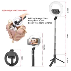 Perche à selfie 4 en 1 - Anneau lumineux à LED - sans fil - Bluetooth - mini trépied portable - avec télécommande