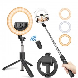 Perche à selfie 4 en 1 - Anneau lumineux à LED - sans fil - Bluetooth - mini trépied portable - avec télécommande