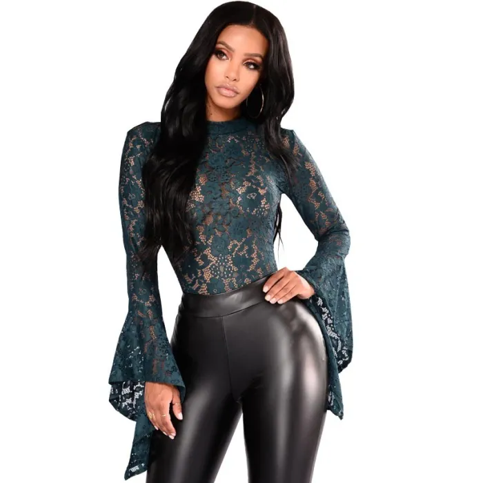 Sexy bodysuit - floral lace - with half turtleneck - long sleeve - open backBlouses & shirts