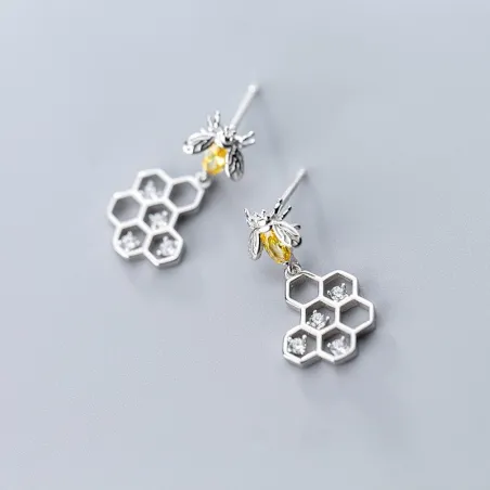 Fashionable earrings - bee / honeycomb - 925 sterling silver