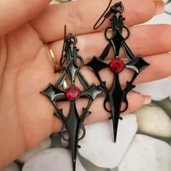Gothic / Punk style earrings - black cross / red crystal