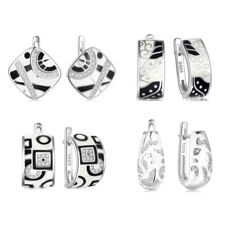 Trendy Original 925 Silver Earrings For Women Black White Enamel Pattern Classic Earrings Cubic Zirconia Elegant Female Jewelry