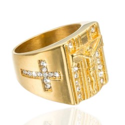 Luxurious gold ring - with Jesus / cross / white cubic zirconia - unisex