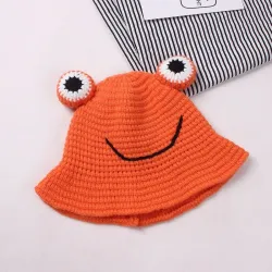 Warm knitted hat - bucket style - with toad's eyes