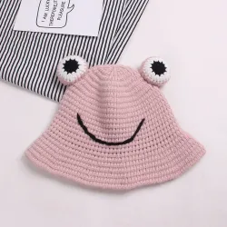 Warm knitted hat - bucket style - with toad's eyes